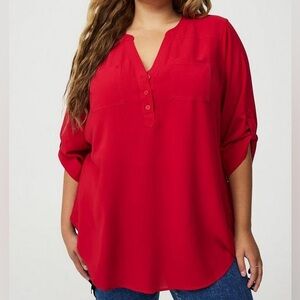 Torrid Jester Red Harper 3/4 Sleeve Pullover Roll Tab Sleeve Tunic Top Size M/10